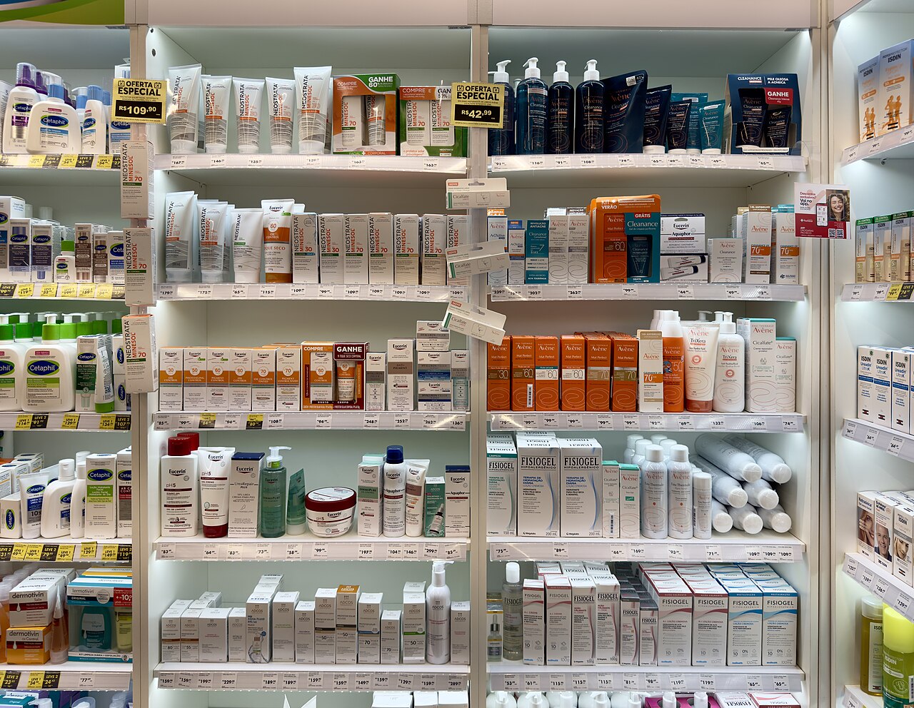Skin care and cosmetic products arranged neatly